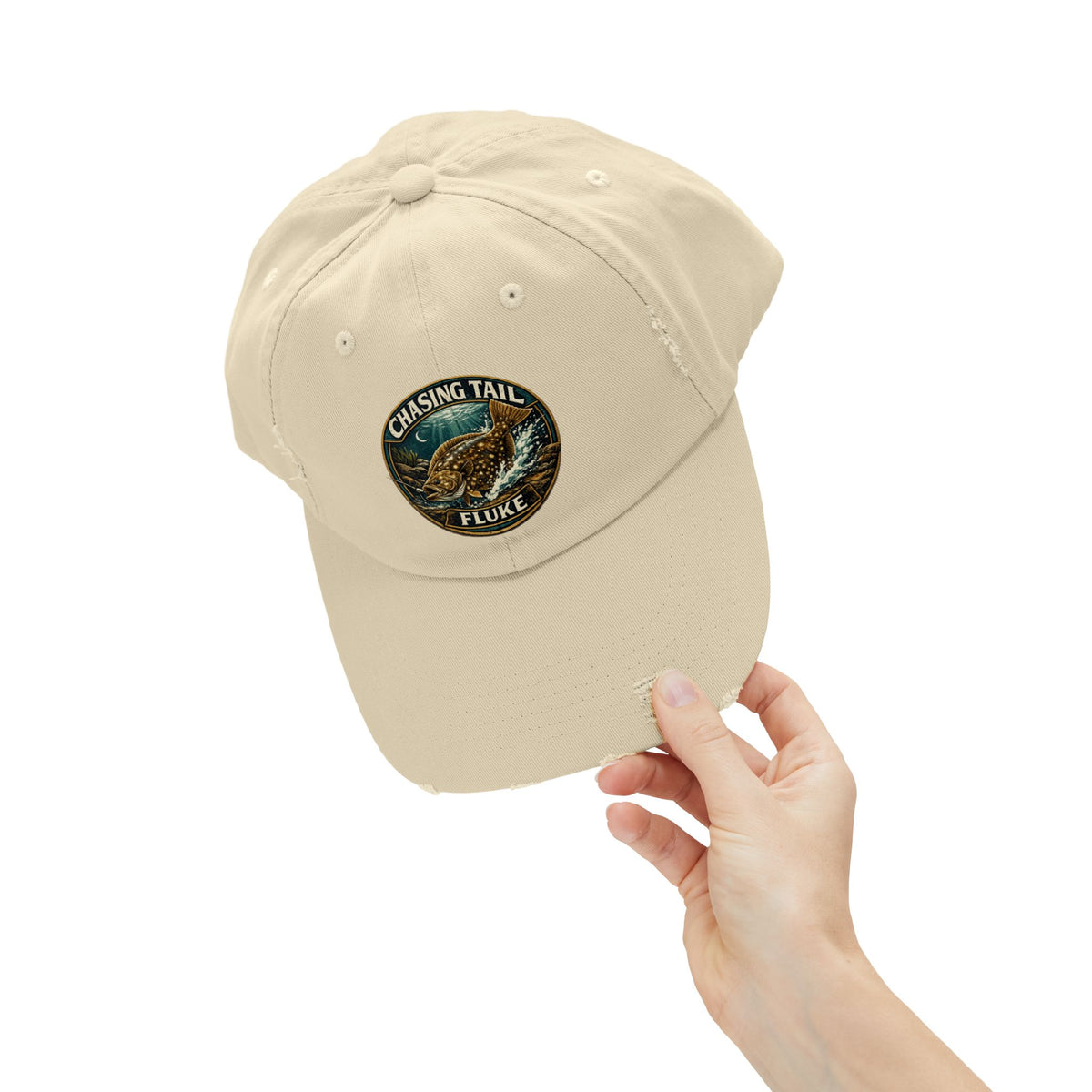 Chasing Tail Distressed Fishing Cap; Fluke Edition