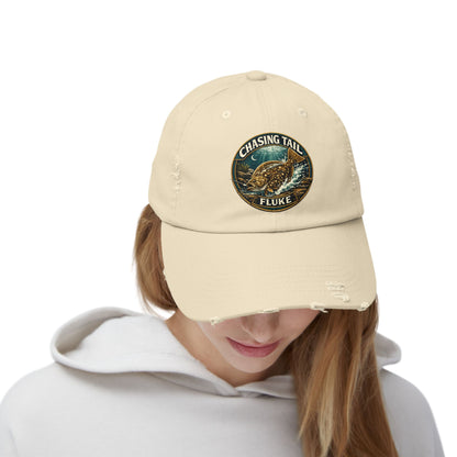 Chasing Tail Distressed Fishing Cap; Fluke Edition