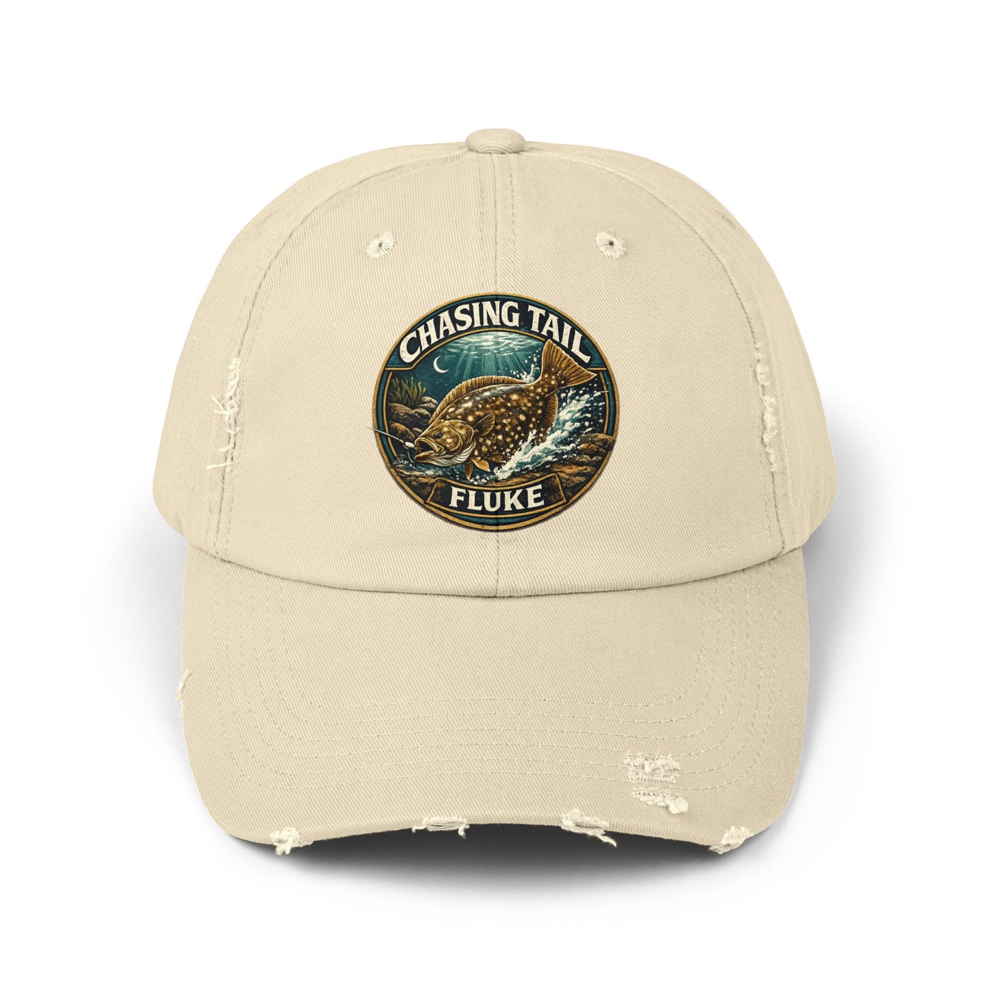 Chasing Tail Distressed Fishing Cap; Fluke Edition