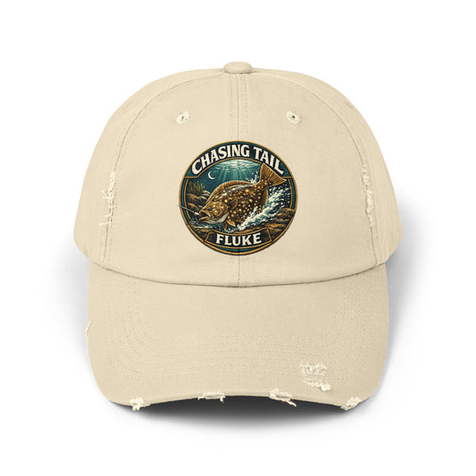 Chasing Tail Distressed Fishing Cap; Fluke Edition